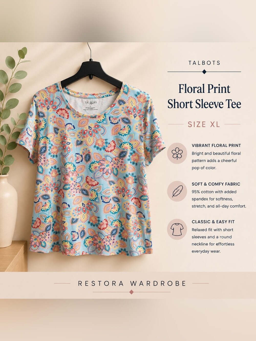 Talbots Boho Paisley Floral Multicolor Cotton Stretch Tee XL